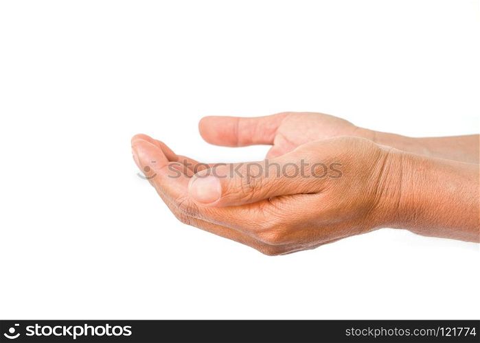 hands holding soil with big tree isolated on white background, save the world concept