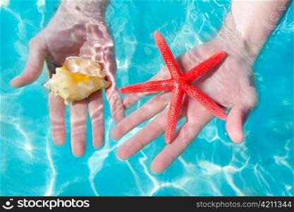 Hands holding starfish and seashell in ripple clean sea tropical water