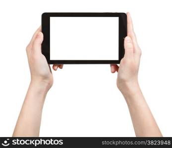 hands holding tablet pc with cut out screen isolated on white background