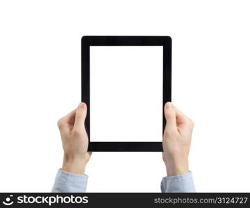 hands holding the tablet computer