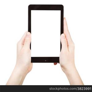 hands holding touchpad with cut out screen isolated on white background