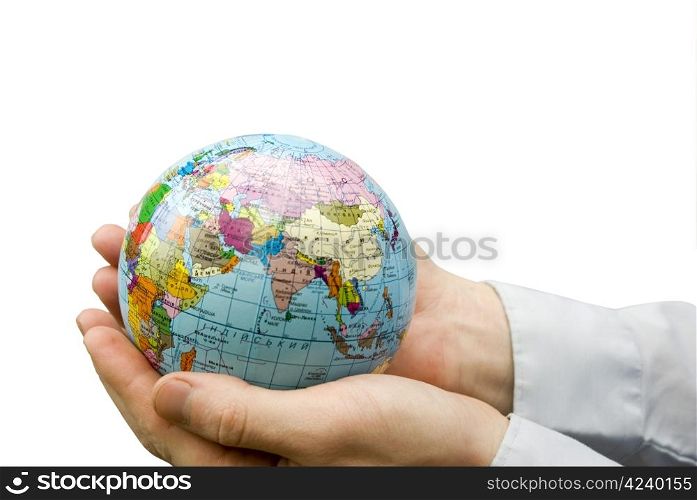 Hands holdings a globe on a whiteness