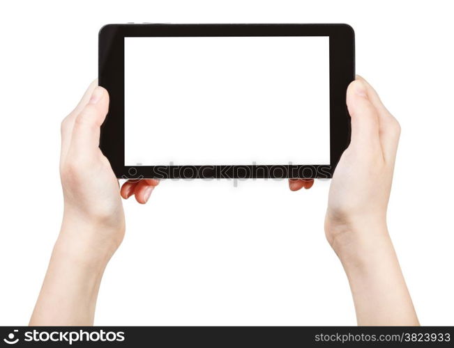 hands holds tablet-pc with cut out screen isolated on white background