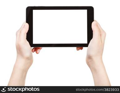 hands holds tablet-pc with cut out screen isolated on white background