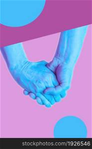 Hands in a surreal style in violet blue neon colors. Modern psychedelic creative element with human palm for posters, banners, wallpaper. Copy space for text. Pop art culture. Magazine style template.. Hands in a surreal style in violet blue neon colors. Modern psychedelic creative element with human palm for posters, banners, wallpaper. Copy space for text. Magazine style template. Pop art culture.