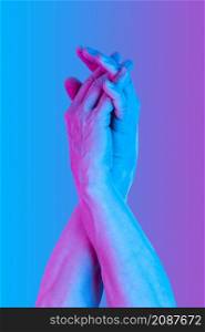 Hands in a surreal style in violet blue neon colors. Modern psychedelic creative element with human palm for posters, banners, wallpaper. Copy space for text. Pop art culture. Magazine style template.. Hands in a surreal style in violet blue neon colors. Modern psychedelic creative element with human palm for posters, banners, wallpaper. Copy space for text. Magazine style template. Pop art culture.