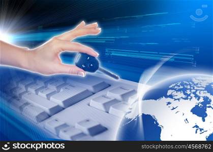 Hands, line, planet earth. The symbol of high technology.
