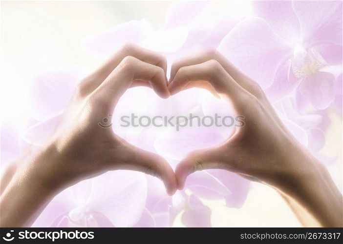 Hands making a heart shape with a flowered background