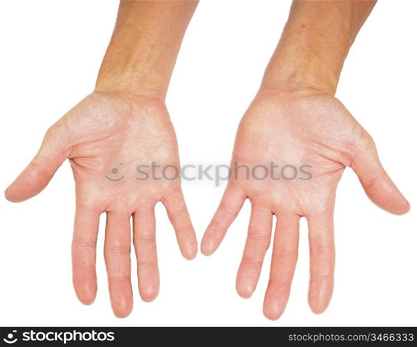 Hands of a male person with fingers spread isolated towards white