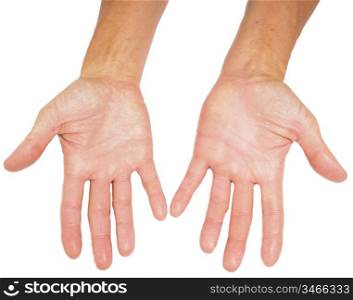 Hands of a male person with fingers spread isolated towards white