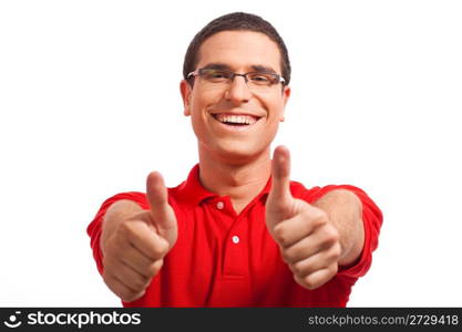 Hands of a young man showing thumbs up on a white isolated background