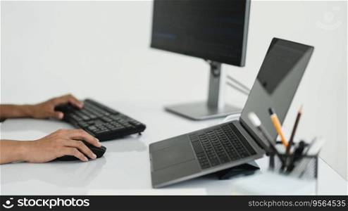 Hands of developer programmer using mouse and typing on keyboard to programming and developing web.