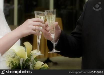 Hands of engaged couple toasting at their wedding day