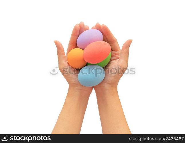 Hands of people holding colorful easter eggs on white background. Food decoration on holiday.