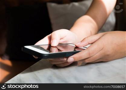 hands of woman using mobile smart phone  cellular gadget technology