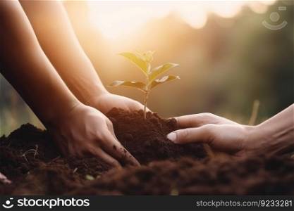 Hands planting tree. Green human concept. Generate Ai. Hands planting tree. Generate Ai