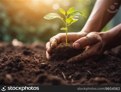 Hands putting small plant in soil.New life beginning and environmental concept.AI Generative