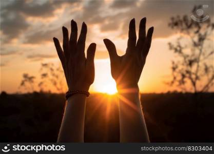 hands raised to the sun meditation receiving warm energy generative ai.
