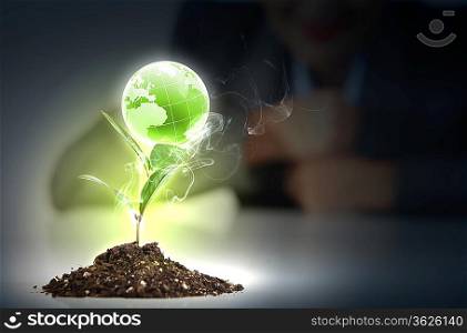 hands, the young sprout and our planet Earth