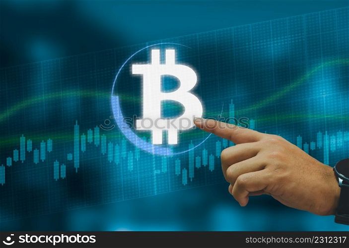 Hands touch bitcoin blockchain cryptocurrency for exchange in the future.Digital money exchange Technology global network connections background concept.