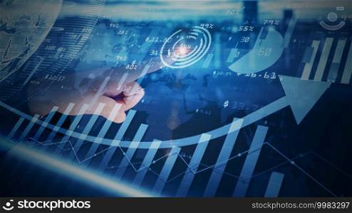 Hands touch Digital data financial investment trends, Financial business diagram with charts and stock numbers showing profits and losses, Business and finance background. 3D Rendering