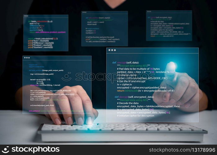 Hands typing on laptop with programming code on screen, representing software development. Perfect for coding, IT solutions, digital technology, web applications.