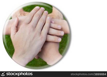 Hands uniting joining together in glass sphere isolated on white background