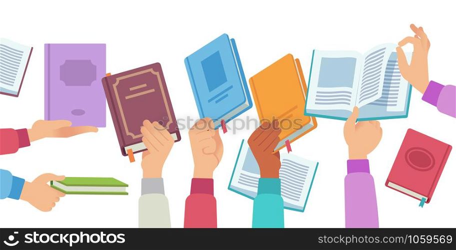 Hands with books. People holding and reading book and magazine, public library literature reader. Academic knowledge vector learning information in opening textbook concept. Hands with books. People holding and reading book and magazine, public library literature reader. Academic knowledge vector concept