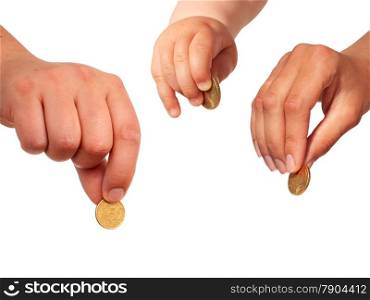 Hands with coins isolated over white.