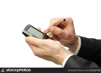 hands with communicator isolated over white background