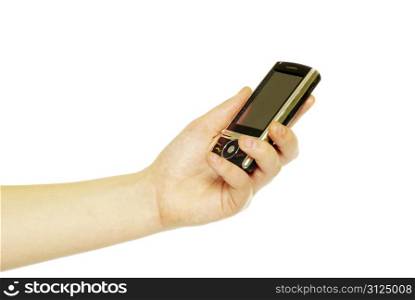 hands with communicator isolated over white background