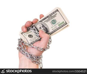 Hands with dollars tied by a chain isolated on white background