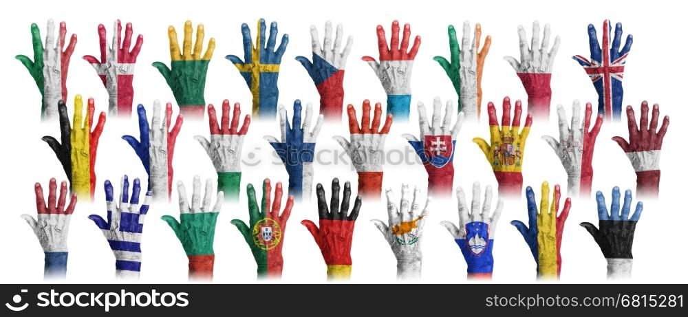 Hands with flag painting of the EU-coutries, isolated