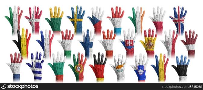 Hands with flag painting of the EU-coutries, isolated