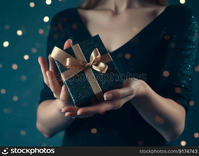 Hands with gift box. Illustration Generative AI 