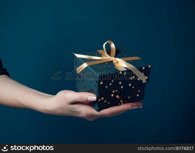 Hands with gift box. Illustration Generative AI
