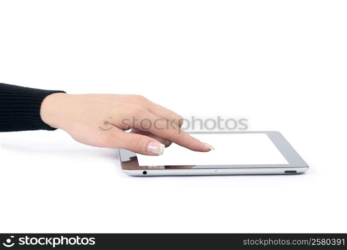 hands with tablet computer on white
