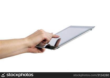 hands with tablet computer on white