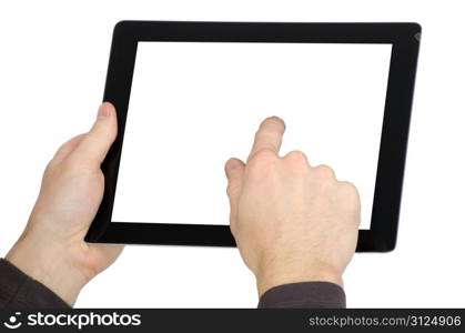 hands with tablet computer on white