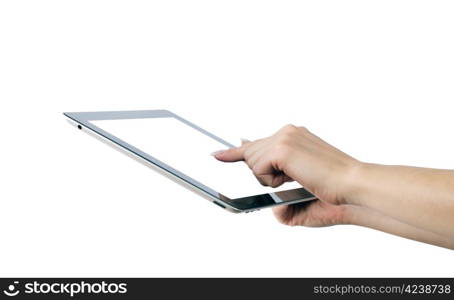 hands with tablet computer on white