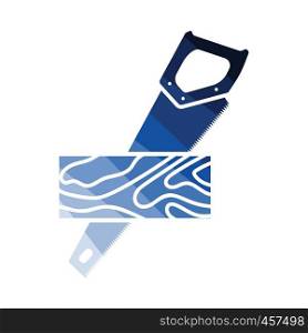 Handsaw cutting a plank icon. Flat color design. Vector illustration.