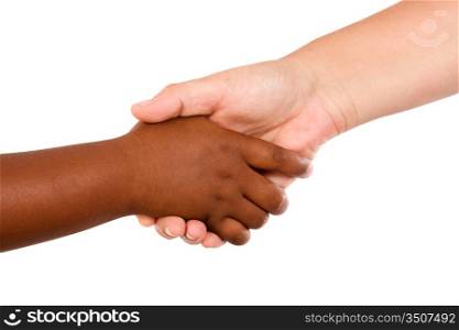 Handshake between races a over white background