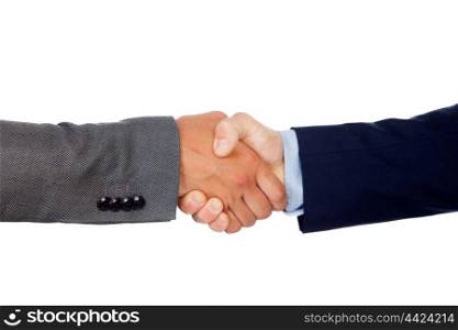 Handshake between two businessmen isolated on a white background