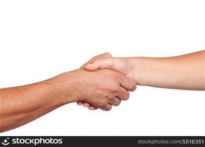 Handshake between two hands isolated on white background