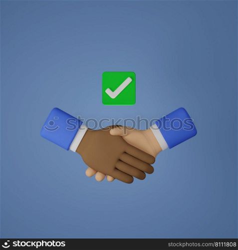 Handshake icon of two skin tone business partners after complete agreement with equality equity 3D rendering illustration