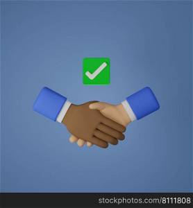 Handshake icon of two skin tone business partners after complete agreement with equality equity 3D rendering illustration