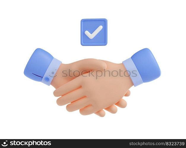 Handshake icon with check mark. Concept of partnership, business deal, agreement, cooperation, approved contract with hands shake isolated on white background, 3d render illustration. Handshake 3d icon with check mark