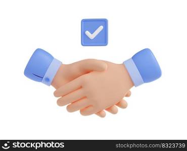 Handshake icon with check mark. Concept of partnership, business deal, agreement, cooperation, approved contract with hands shake isolated on white background, 3d render illustration. Handshake 3d icon with check mark
