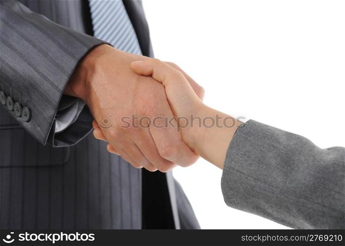 Handshake man and boy. Isolated on white