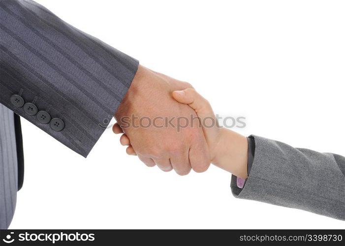 Handshake man and boy. Isolated on white background